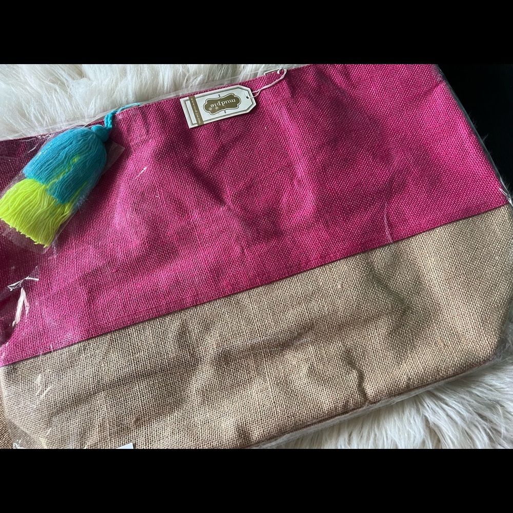 NWT Mud Pie Color Pop Jute Tote in Hot Pink Beach Bag Pool School Pompom - Picture 2 of 6
